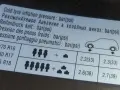 Naklejka z informacją o ciśnieniu w oponach. Podaje, ile atmosfer w kole powinno być przy różnym obciążeniu pojazdu.
