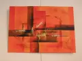 Abstraction vibrante aux tons orangés, où des rectangles et des lignes sombres s'entrecroisent. Une œuvre en peindre acrylique sans trace de pinceau, évoquant une texture riche.
