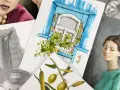 Różnorodne prace plastyczne: okno z bluszczem, portrety, oliwki. Inspiracja do kursu rysunku online.