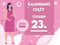 Kobieta w 23 tygodniu ciąży, z brzuszkiem. Obok kalendarz i napis "Kaledarz ciąży tydzień 23".