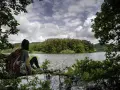 Une randonnée dans le Morvan, une pause sur une branche surplombant le lac. Paysage verdoyant sous un ciel nuageux.