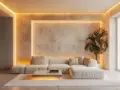 Sofá blanco y alfombra mullida, en un salón moderno con las últimas tendencias en iluminación, creando un ambiente cálido y acogedor.
