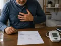 Mężczyzna z ręką na klatce piersiowej patrzy na wyniki lipidogramu, gdzie widać podwyższony cholesterol. Może to być sygnał do rozważenia suplementu Suvardio Plus.