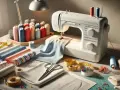 Machine à coudre, fils colorés, tissus et ciseaux prêts pour coudre ses vêtements.