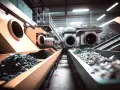 Linia produkcyjna przetwarza surowce, przygotowując je do tworzenia tworzyw chemoutwardzalnych. Widać tam różne rodzaje proszków i fragmentów materiałów.