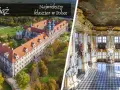 Majestatyczny lubiąż klasztor z lotu ptaka i jego bogato zdobione wnętrze z malowidłami na suficie.