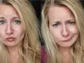 Två närbilder på en kvinna med bleka håret. Hon gör olika miner, en med uttrycket "pussmun" och en med ett snett leende.