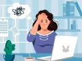 Mujer agobiada por papeleo y estrés laboral, pensando en una impugnación alta médica y reincorporación al trabajo.