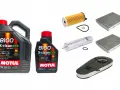 Dwa opakowania oleju Motul 8100 X-clean EFE 5W-30 oraz filtry: oleju, kabinowy i powietrza.