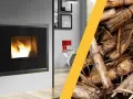 Una moderna stufa idro con fiamme vive accanto a un mucchio di biomassa legnosa, pronta per un riscaldamento ecologico.