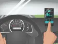 A finger touches a phone displaying a GPS speedometer showing 84 km/h, as the car's own speedometer is not working.
