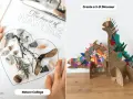 Collage infantil: un corazón con elementos de la naturaleza y un dinosaurio de cartón decorado con trozos de colores.