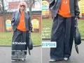 Kobieta w pomarańczowym swetrze, czarnej ramonesce i szerokich, szarych sztruksach. Stylizacja #fitcheck.