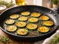 Rondes tranches de courgettes dorées à la poêle, parsemées d'herbes fraîches. Une délicieuse recette de courgette à la poêle en préparation.