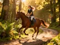 Jeune cavalière en plein galop dans une forêt baignée de soleil, un moment d'apprentissage équitation plein de grâce et de liberté.
