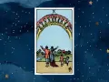 10 pucharów tarot: rodzina świętuje pod tęczowym łukiem pełnym pucharów, symbolizując spełnienie i szczęście.