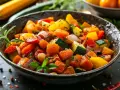 Un bol de poêlée de légumes colorée, avec des dés de courgettes, poivrons, oignons et carottes, assaisonnée d'herbes fraîches.