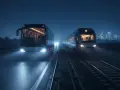 Nocny autobus i pociąg jadą równolegle. W tle widać nocne miasto, sugerujące podróż Berlin-Warszawa Express.