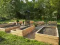 En vacker trädgård med flera nybyggda odlingslådor i trä, redo för plantering. En perfekt plats att bygga odlingslåda och njuta av sommaren.