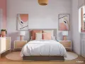 Acogedora habitación rosa pastel y blanco con cama, mesitas de noche de madera y arte abstracto.