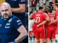 Michał Kozioł, trener, wpatruje się w boisko, podczas gdy jego drużyna świętuje zwycięstwo.