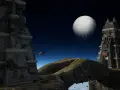 Ruinas de piedra en un mundo alienígena, con un gran planeta en el cielo estrellado. Un escenario perfecto para un combate de Unreal Tournament.