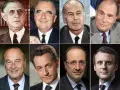 Collage de portraits de la liste des présidents français depuis 1900 : de Gaulle, Pompidou, Giscard d'Estaing, Mitterrand, Chirac, Sarkozy, Hollande, Macron.