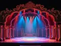 Majestatyczna scenografia teatralna, niczym z baśni tysiąca i jednej nocy, z kolumnami i bogatymi zdobieniami, oświetlona niebieskimi i czerwonymi światłami.