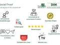 Grafik zeigt Elemente für Social Proof: persönliche Empfehlungen, Fallbeispiele, Testimonials, Bewertungen, Kommentare, Likes & Shares, Qualitäts-Siegel, Expertenwissen, Beliebtheits-Listen und TV-Präsenz.