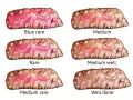 Ilustracja pokazuje sześć steków o różnym stopniu wysmażenia: blue rare, rare, medium rare, medium, medium well i well done.