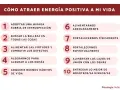 Lista de 10 pasos para atraer energía positiva: introspección, belleza, virtudes, alegría, hábitos, alimentación, físico, espiritualidad, unión y entrega.