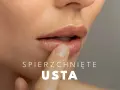 Zbliżenie na usta, które dotyka palec. Tekst "SPierzchnięte USTA" sugeruje, że suche usta przyczyny mogą być różne.