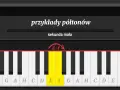 Klawiatura pianina z zaznaczonymi klawiszami E i F, ilustrująca przykład półtonu.