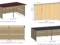 Schémas d'abris pour chevaux, montrant différentes dimensions et configurations. La hauteur abri chevaux varie, avec des mesures indiquées en millimètres et mètres.