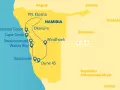 Mapa z trasą podróży po Namibii: wybrzeże, Etosha, Sossusvlei. Idealna na namibia turystyka.
