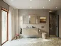 Modernt badrum med dubbla handfat, beige kommod och dusch. Perfekt badrum inspiration för ett stilrent hem.