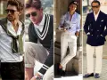 Cuatro hombres con estilo "old money": camisas, suéteres, pantalones claros y gafas de sol.