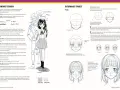 Postacie anime rysunki: dziewczyna w szkolnym mundurku, szkice postaci i instrukcje rysowania twarzy w stylu mangi.