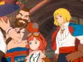 Tres personajes de anime: un hombre barbudo, una chica con gafas y un chico rubio.