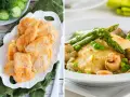 Dos platos de merluza: rebozada con pepino y enharinada con espárragos y guisantes. ¡Ideas para recetas con merluza congelada!