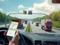 Aplikacja na telefonie pokazuje trasę i koszty przejazdu. Kierowca ciężarówki jedzie autostradą A4, sprawdzając autostrada a4 cennik gliwice-wrocław.
