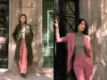 Deux femmes portent un polo vert avec un pantalon rose. L'une est habillée d'un manteau vert, l'autre d'un blazer rose.