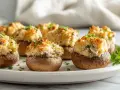 Pyszne pieczarki z airfryer, faszerowane kremowym farszem i posypane chrupiącą panierką, udekorowane świeżą natką pietruszki.