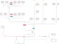 Schemat instalacji wodnej PEX z podziałem na sekcje P1-P4, zbiornikiem wyrównawczym i elementami grzewczymi.