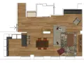 Progetto di una casa 60 mq open space con cucina moderna, zona pranzo e soggiorno accogliente con divano angolare e tappeto decorativo.