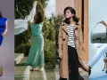 Cztery kobiety w modnych stylizacjach. Jedna w niebieskiej sukience, druga w zwiewnej, miętowej kreacji z welonem, trzecia w beżowym prochowcu i beretce, czwarta w białym komplecie z torebką. Delikatna, filigranowa biżuteria dopełnia całość.