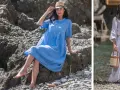Modelli ispirano su come vestirsi per andare al mare: abito azzurro e completo bianco in lino, perfetti per la spiaggia.