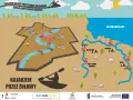 Mapa szlaków kajakowych w Gminie Nowy Dwór Gdański, ukazująca rzekę Tuga, przystanie i miejsca biwakowe.