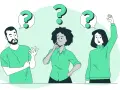 Drei Personen mit Fragezeichen über den Köpfen, die über den eigenanteil physiotherapie diskutieren.