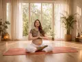 Schwangere Frau in Meditationshaltung auf einer Matte. Sanftes Licht und Pflanzen schaffen eine Atmosphäre der Entspannung in der Schwangerschaft.